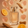 Elegant perfume bottle with rose petals citrus and wood elements best perfume for women