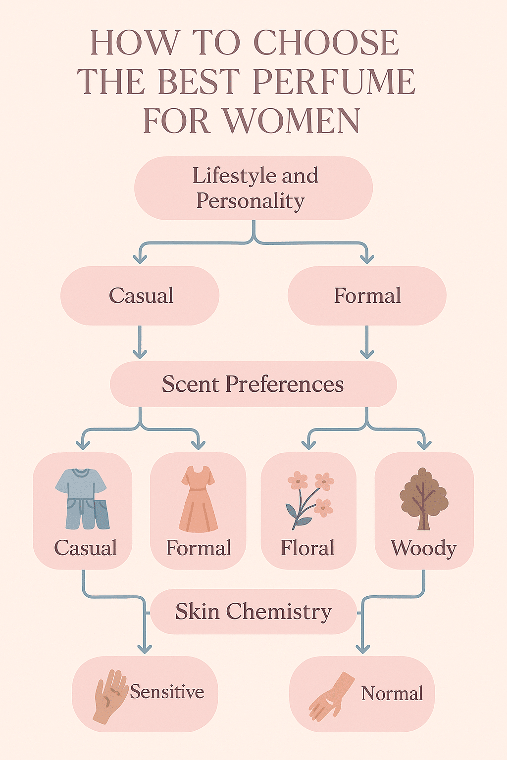 Flowchart guiding how to choose the best perfume for women based on personality and scent