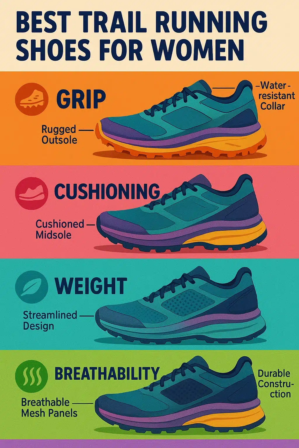 7 Best Trail Running Shoes for Women to Boost Your Performance 2 Infographic comparing features of best trail running shoes for women with shoe illustrations and ico