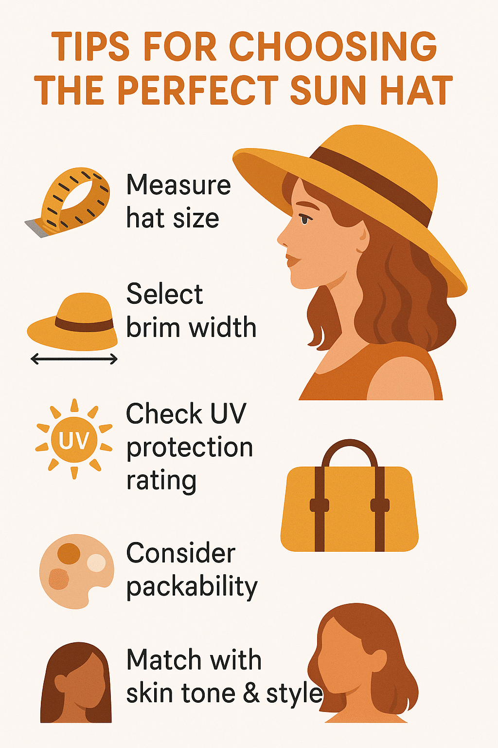 Infographic with tips to choose the best sun hats for women including measurements UV protection and