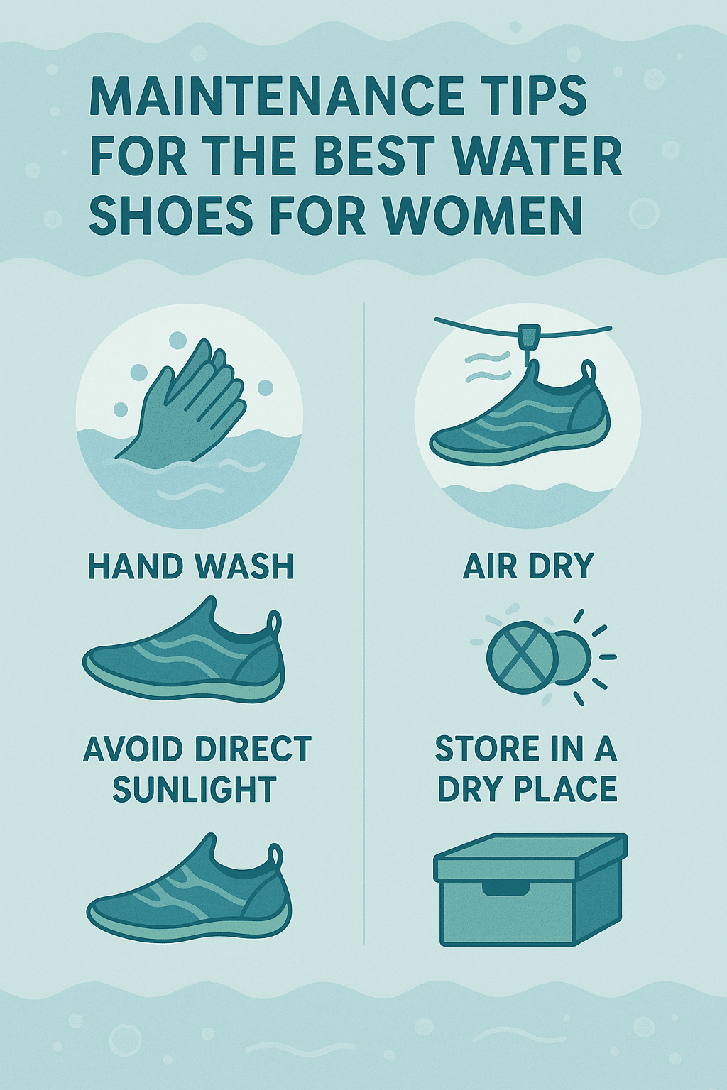 Maintenance tips infographic for best water shoes for women with washing drying and storage advice