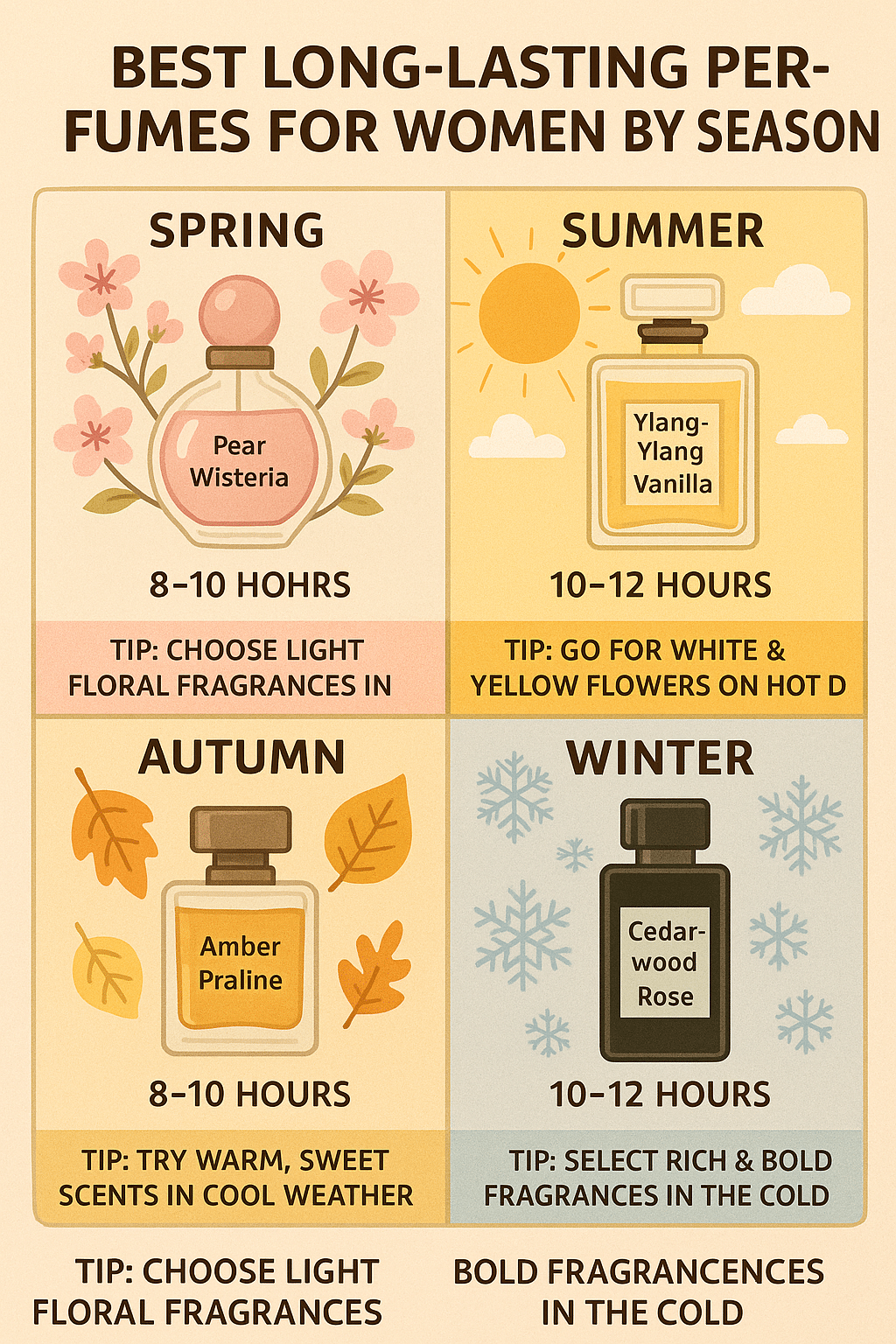 Seasonal chart with best perfume for women recommendations by weather and longevity