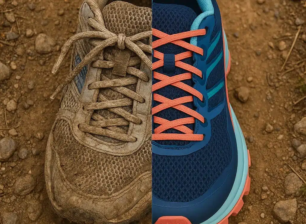 Split image showing worn shoes versus new best trail running shoes for women on rugged trail