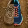 Split image showing worn shoes versus new best trail running shoes for women on rugged trail