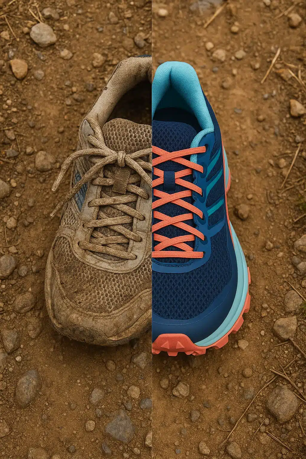 7 Best Trail Running Shoes for Women to Boost Your Performance 6 Split image showing worn shoes versus new best trail running shoes for women on rugged trail