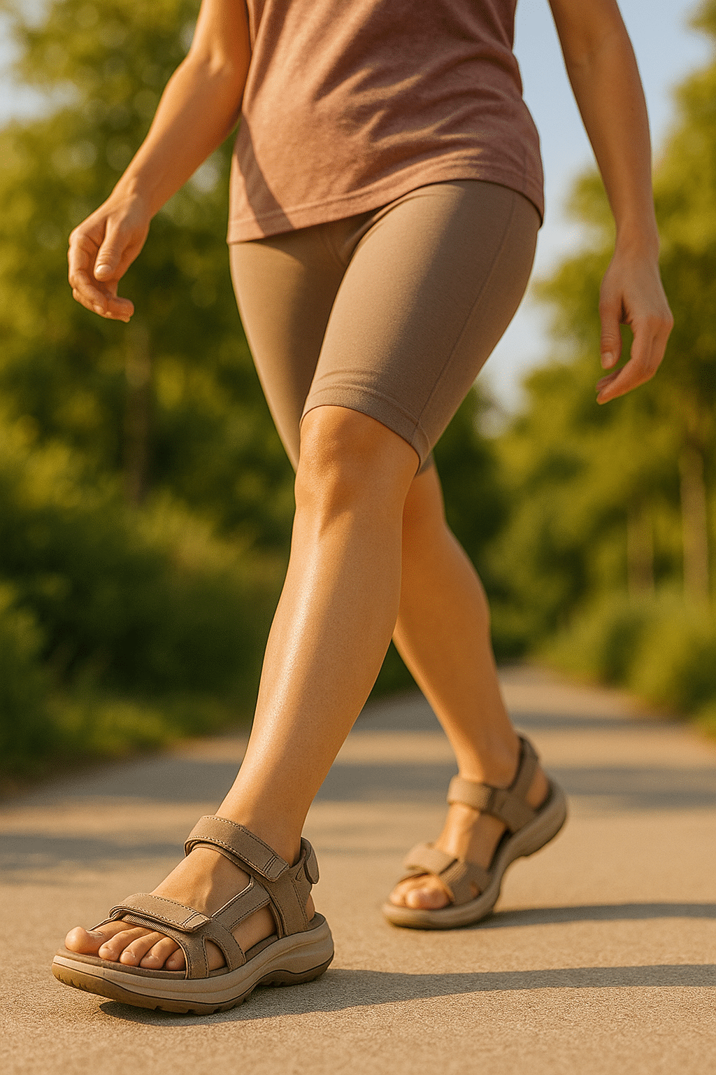 Stylish best sandals walking women on sunny outdoor path showing comfort and support