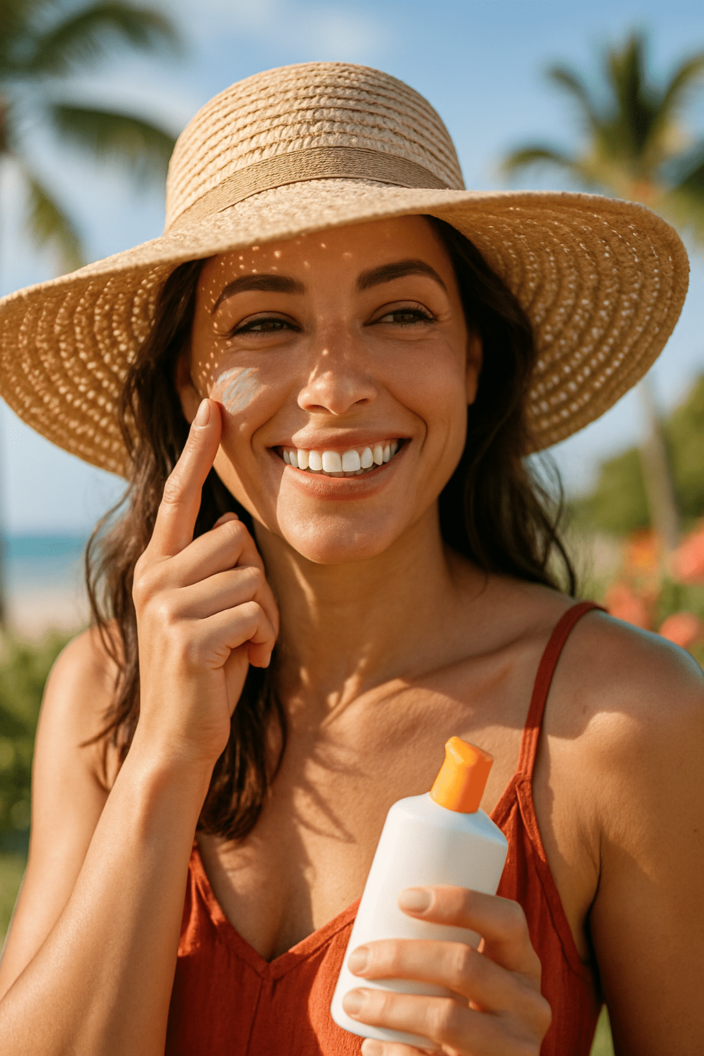 Woman outdoors wearing best sun hats for women applying sunscreen demonstrating sun safety