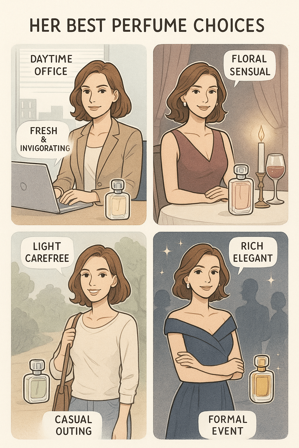 Woman wearing best perfume for women in various settings showing scent versatility