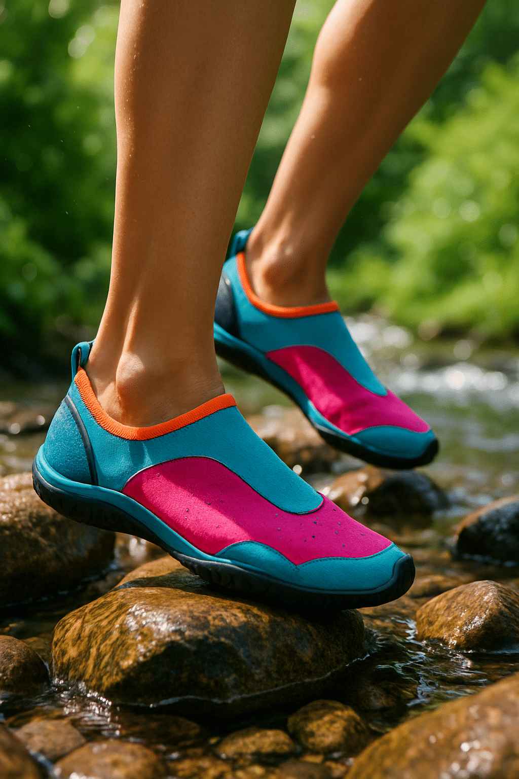 Woman wearing best water shoes for women stepping on wet stones near clear stream outdoors
