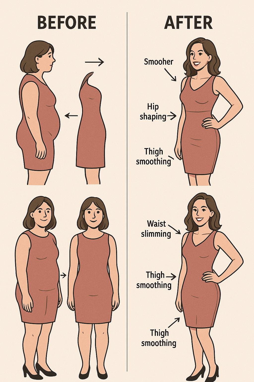 before and after transformation with best shapewear for women showing improved curves