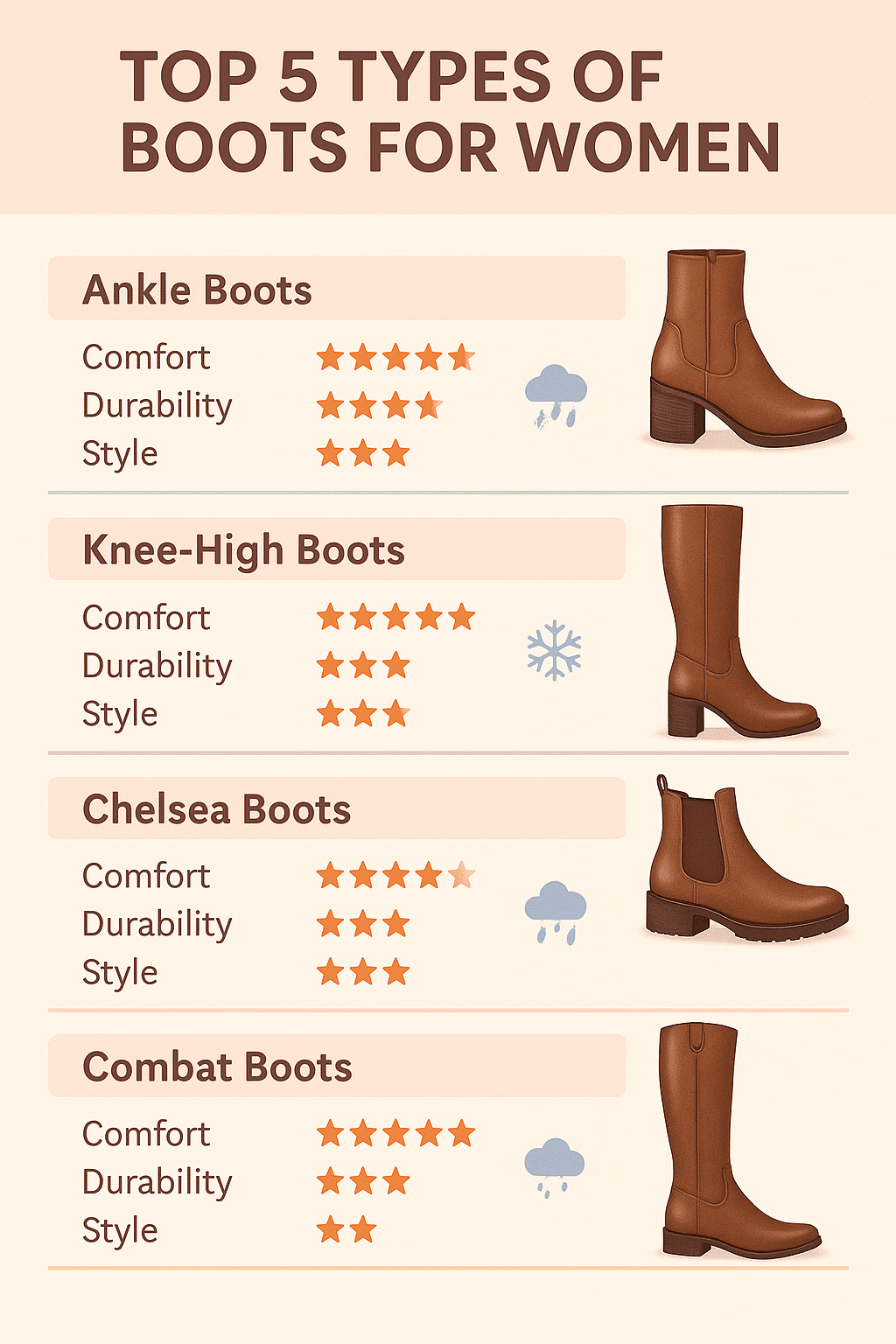 best boots for women types infographic with ankle knee high chelsea combat and riding boots