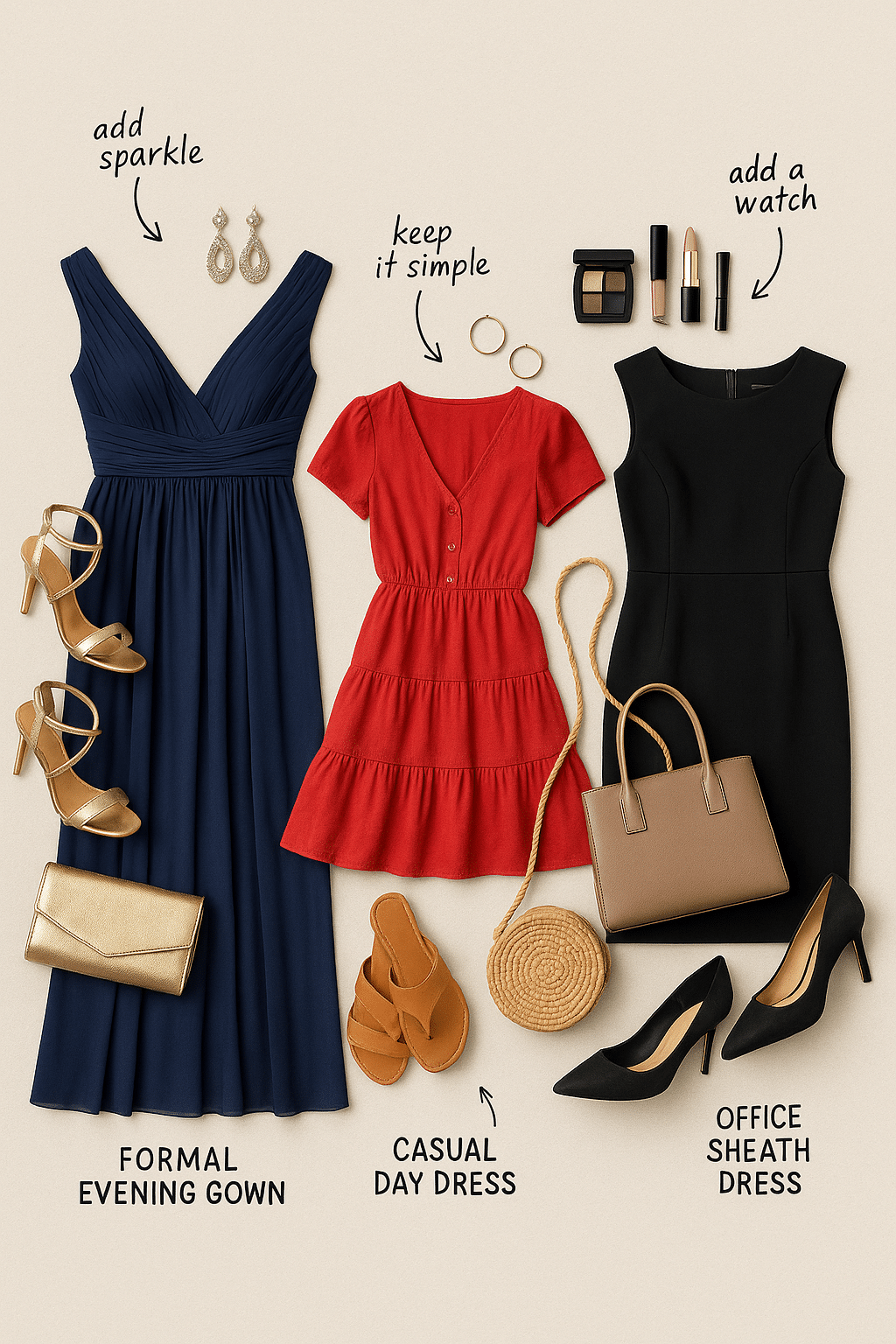 best dresses for women styling guide with accessories for different occasions flat lay