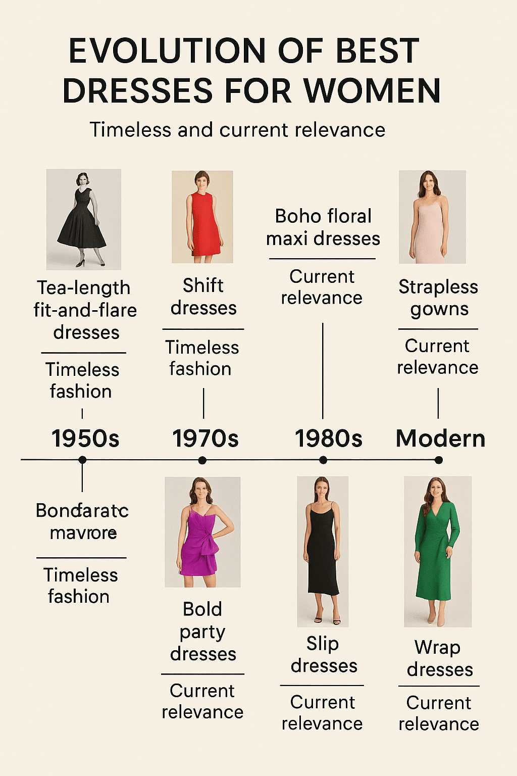 best dresses for women timeline showing fashion evolution from 1950s to today
