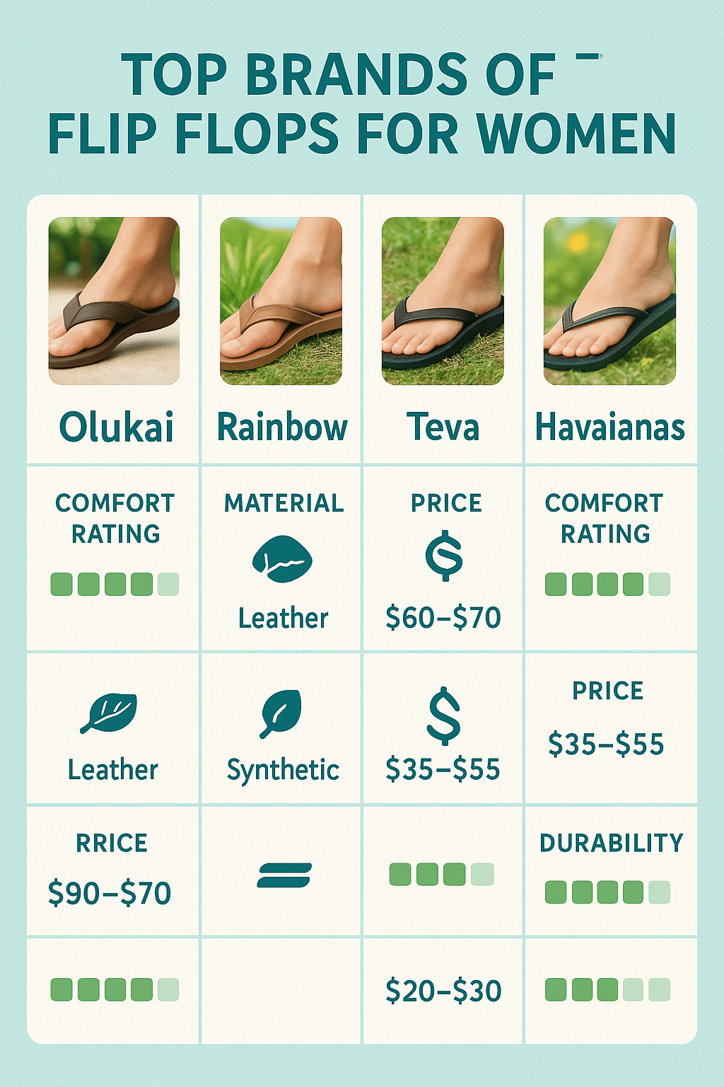 best flip flops for women comparison chart comfort price material and durability