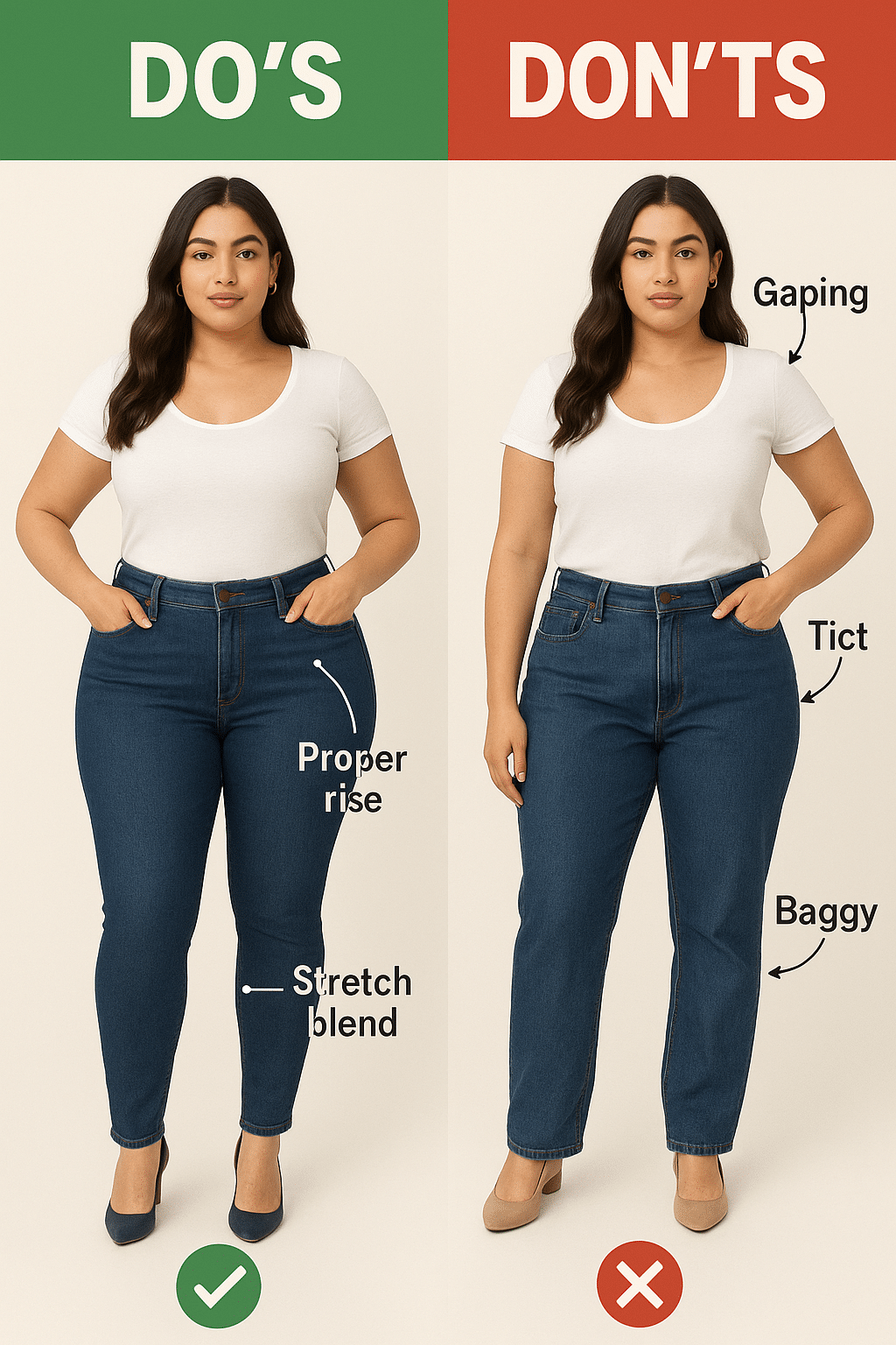 best jeans for curvy women comparison chart showing do and dont fit tips for flattering jeans