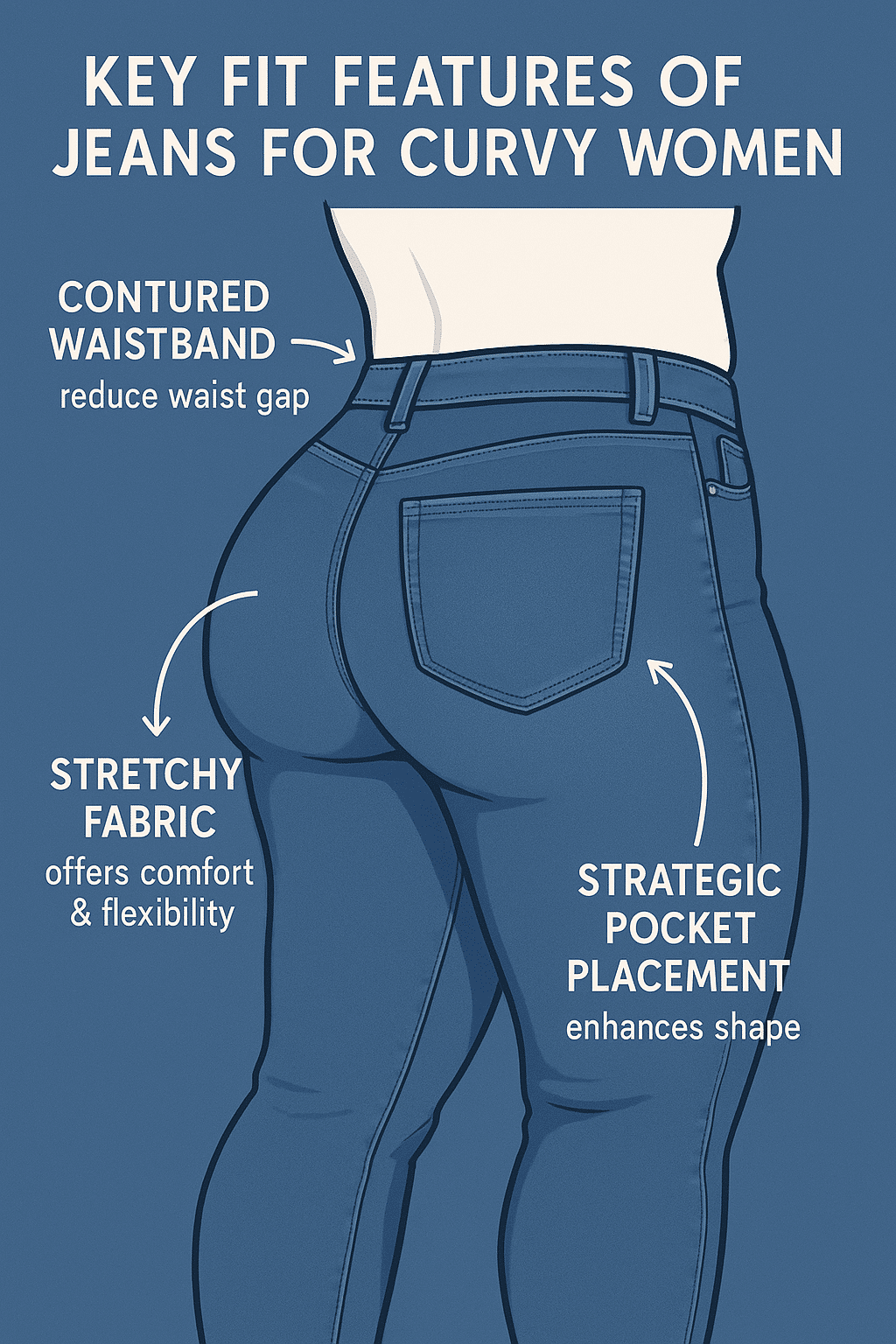 best jeans for curvy women diagram identifying fit features like stretchy fabric contoured waistband