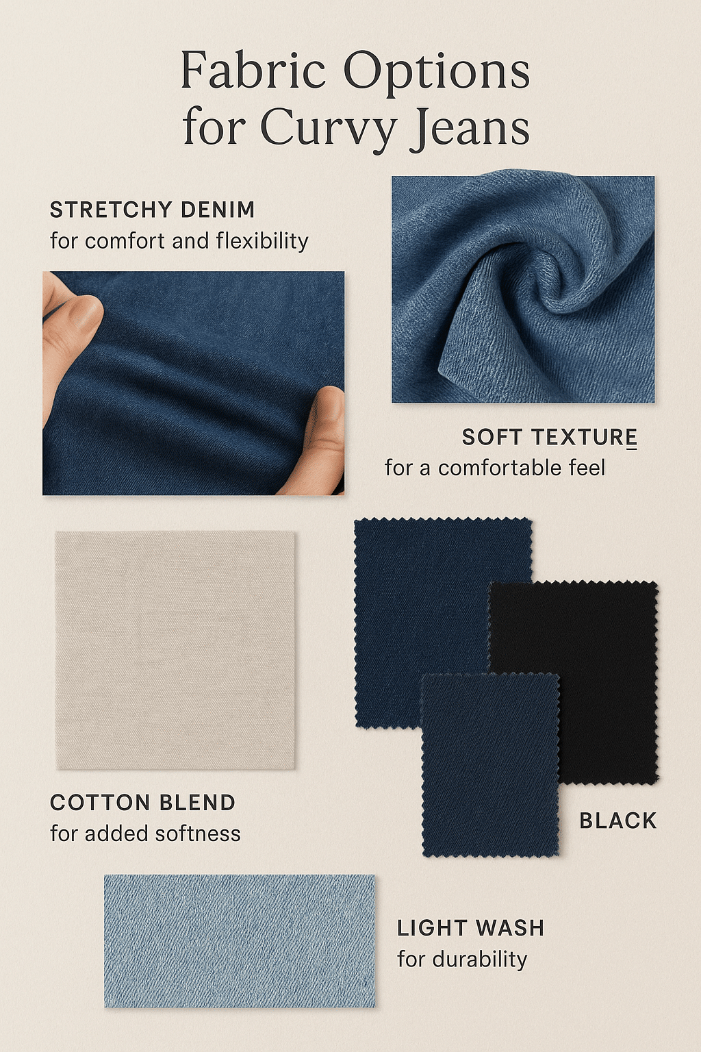 best jeans for curvy women fabric collage featuring stretchy denim cotton blends and wash variations