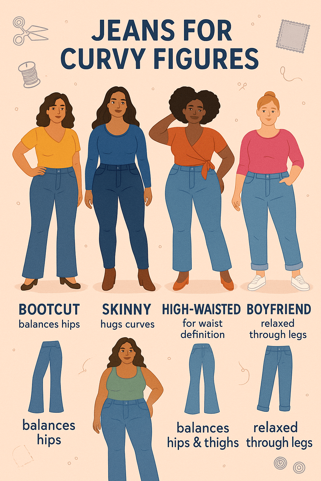 best jeans for curvy women infographic showing jean styles that flatter curves with styling tips