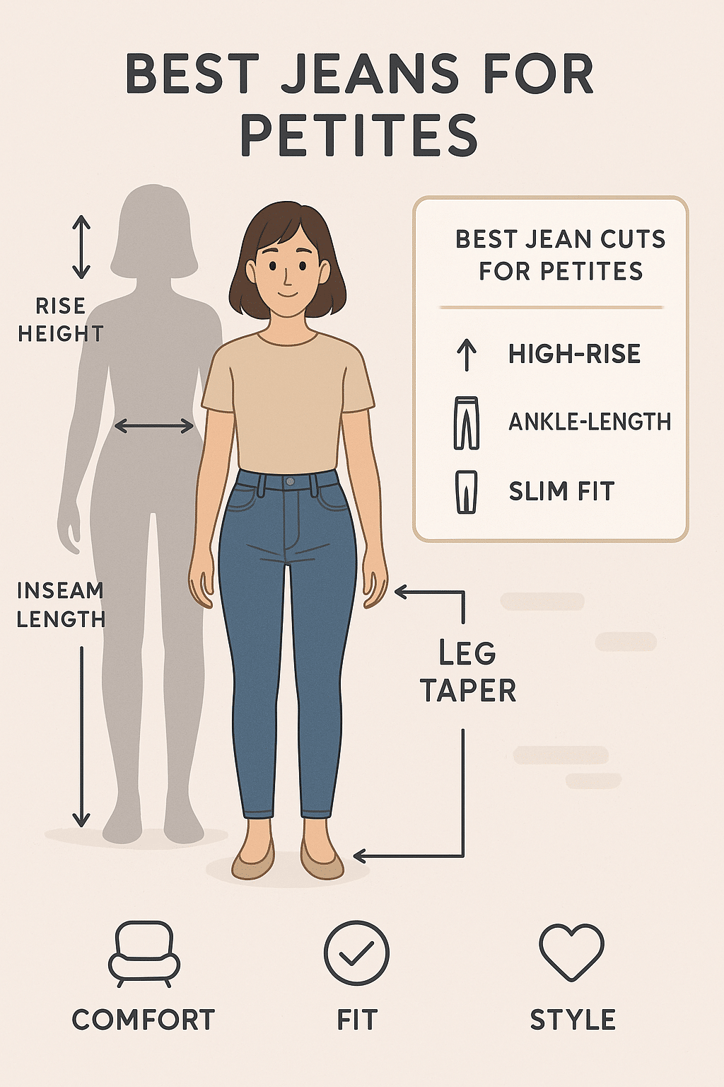 best jeans for petite women infographic showing fit and length tips for flattering petite figures