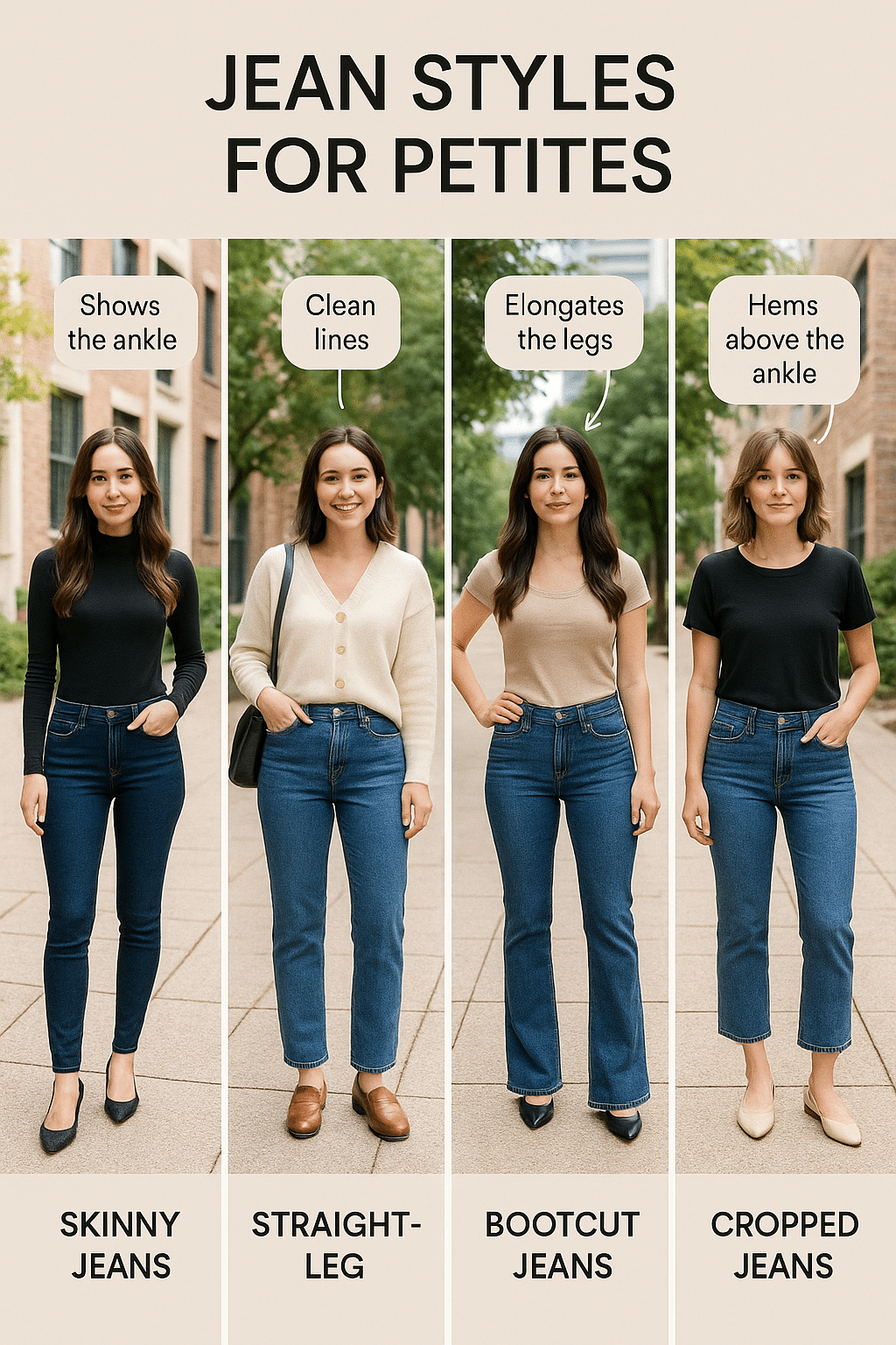 best jeans for petite women shown in skinny straight bootcut and cropped styles on petite models