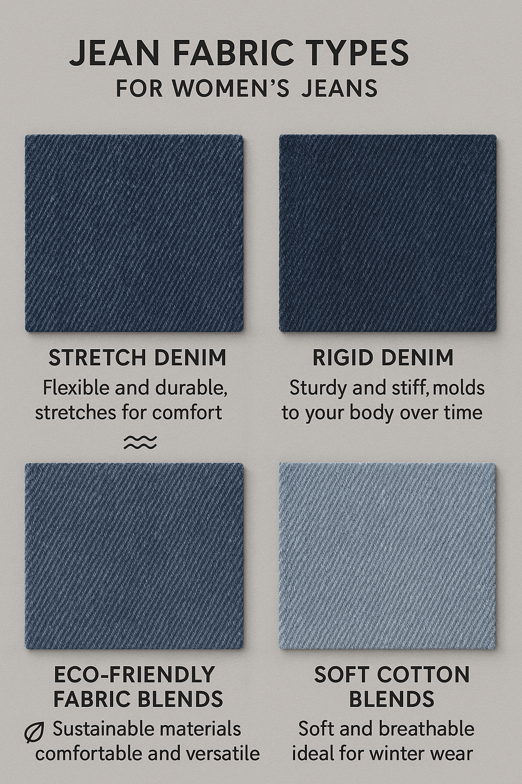 best jeans for women fabric types and features with swatches and icons