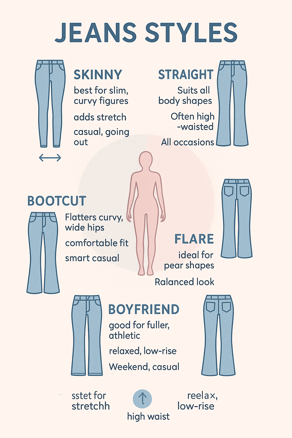 best jeans for women infographic showing various styles and their ideal body shapes