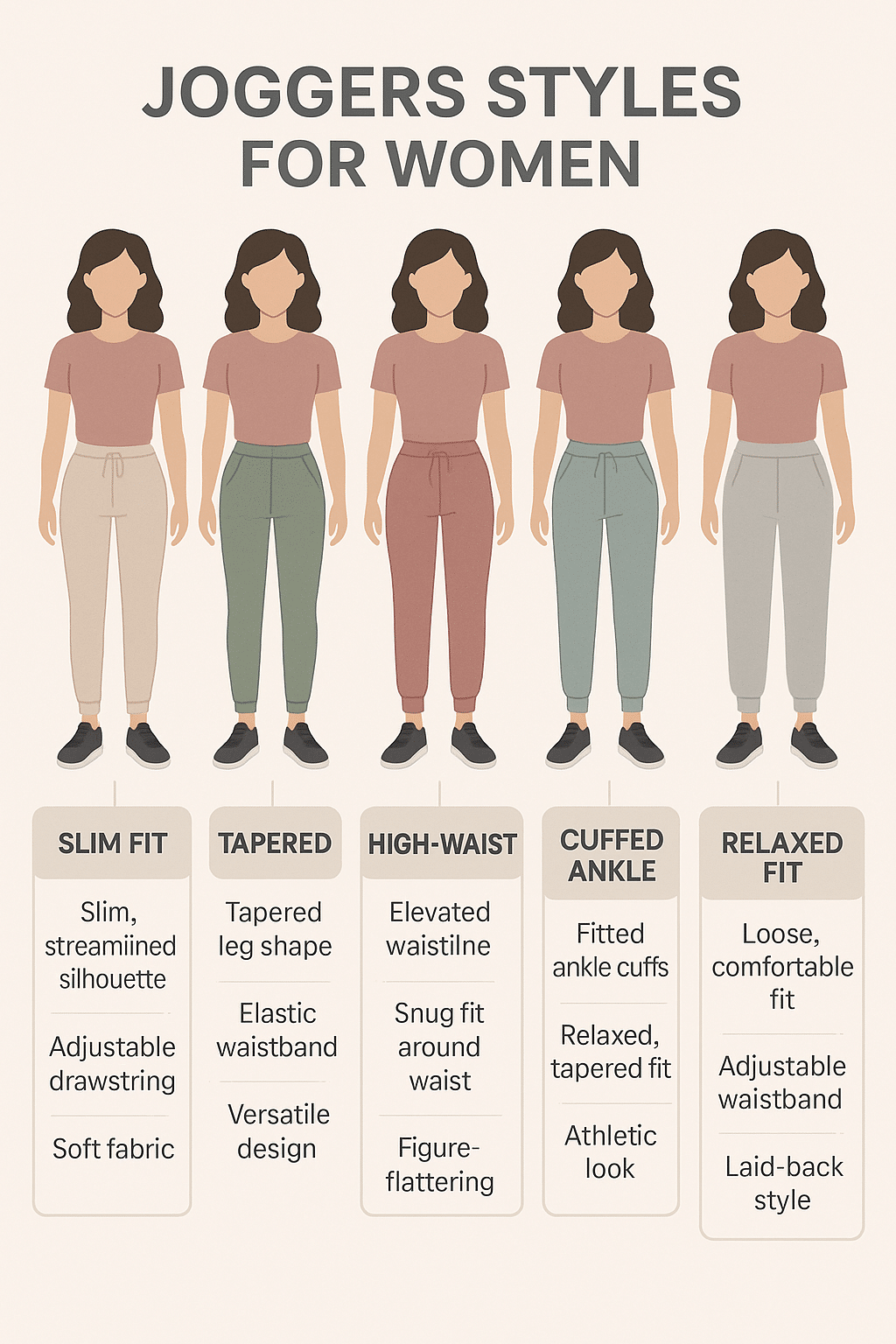 best joggers for women infographic showing different styles and features on female figures