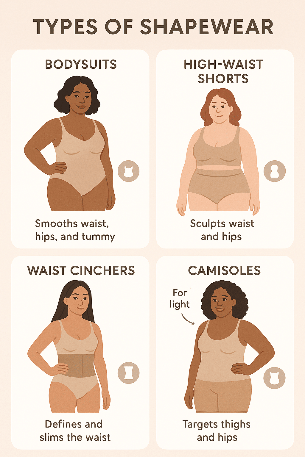 best shapewear for women types displayed on diverse women body shapes illustration