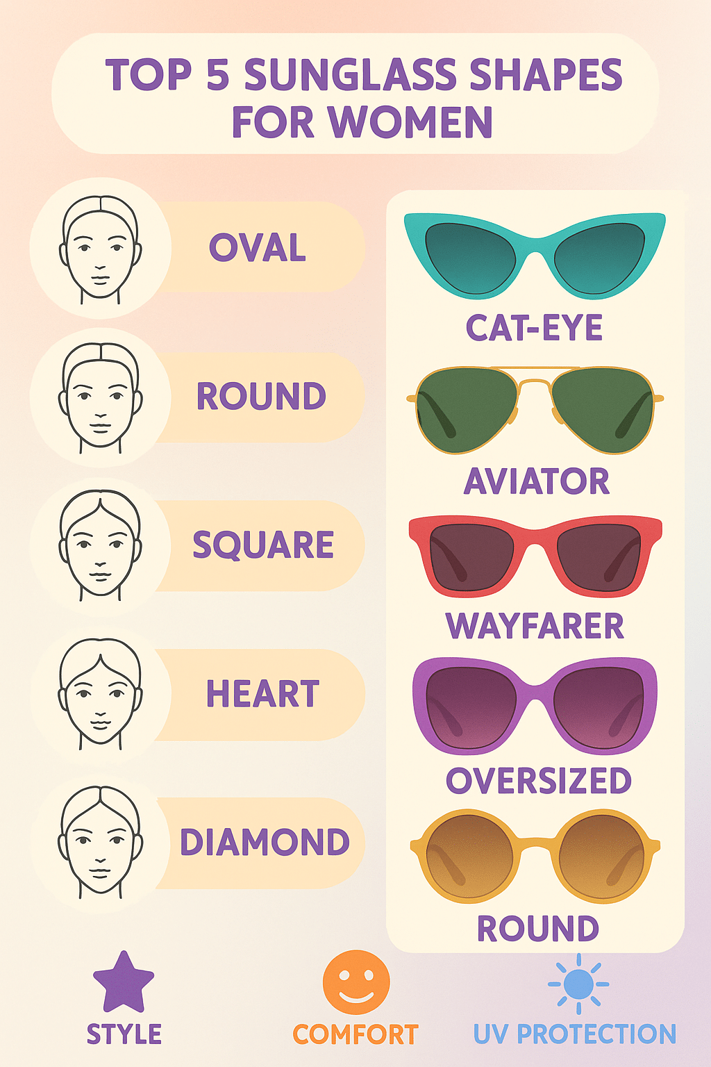 best sunglasses for women infographic with sunglass shapes matched to face shapes