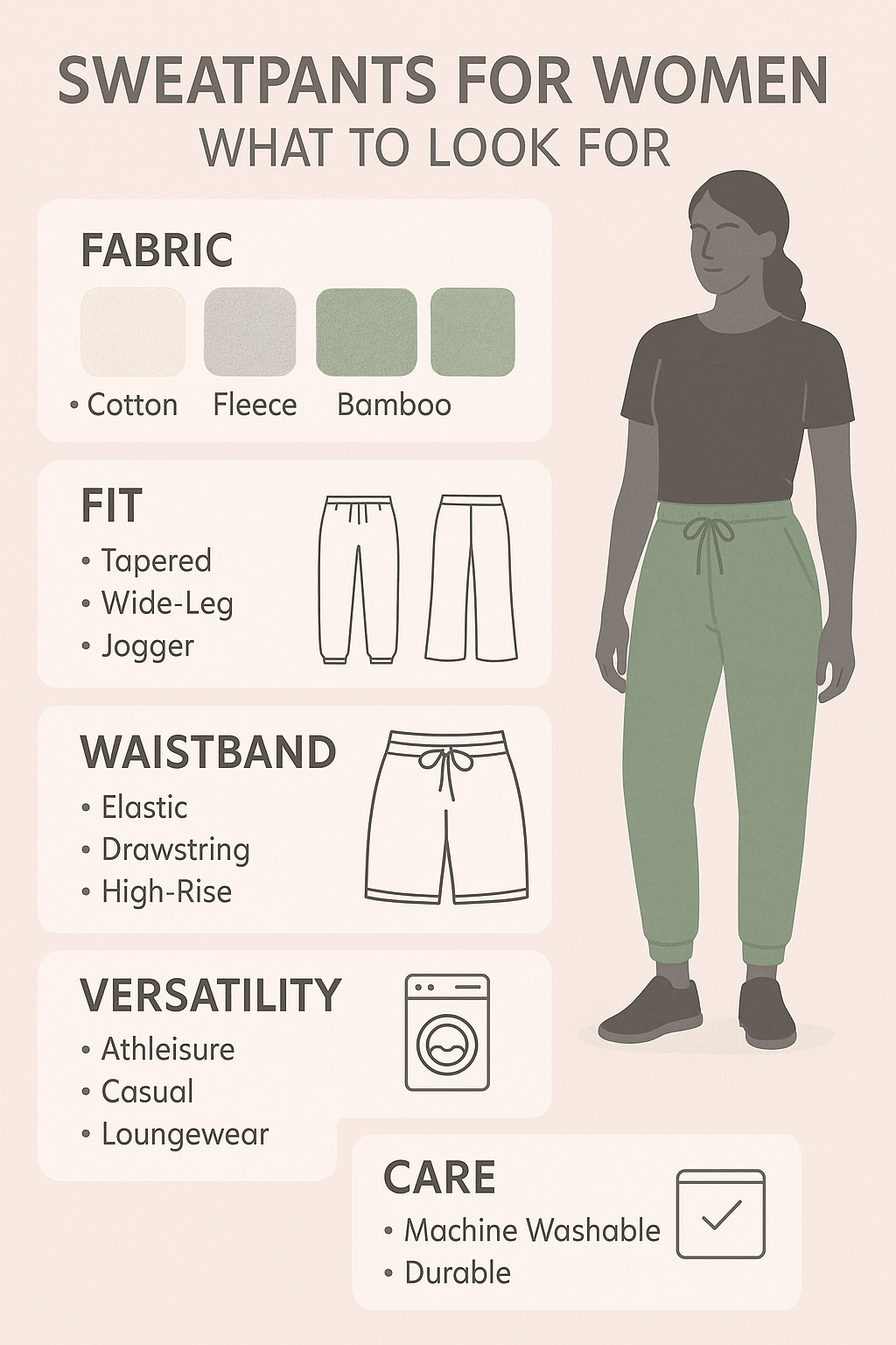 best sweatpants for women infographic showing fabric fit waistband versatility and care