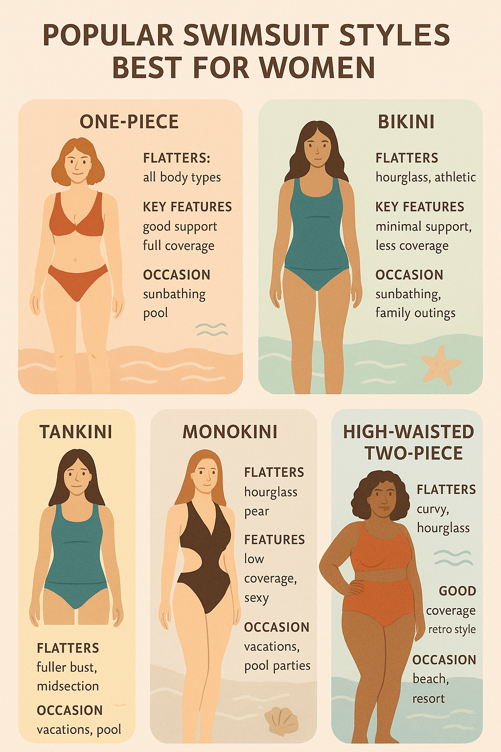 best swimsuits for women infographic showing various flattering swimsuit styles for different body t