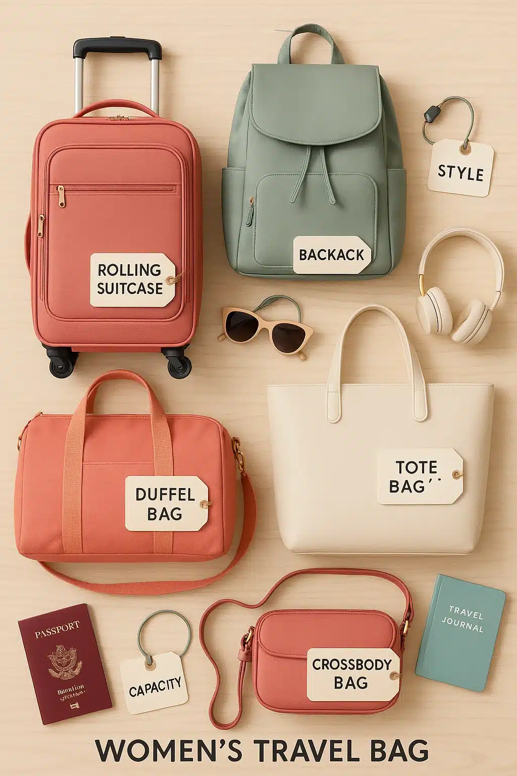 7 Best Travel Bags for Women: Stylish, Durable, and Practical Choices 2 best travel bags for women flat lay showing multiple styles including backpack duffel and suitcase