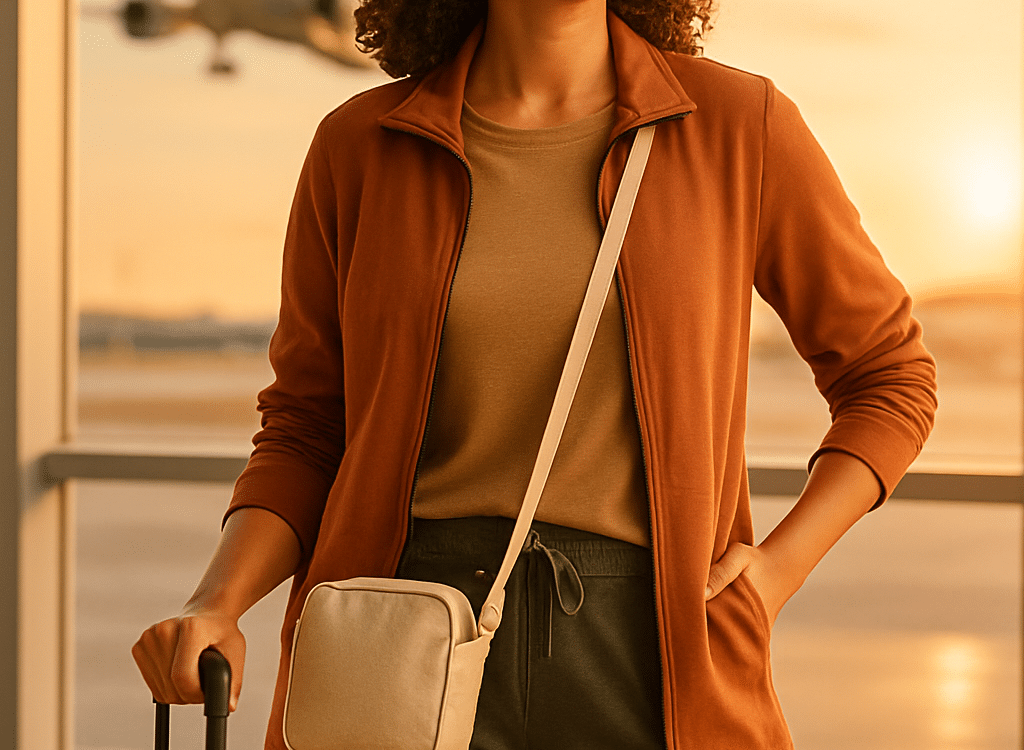 best travel clothes for women confident woman traveler at airport with stylish versatile outfit