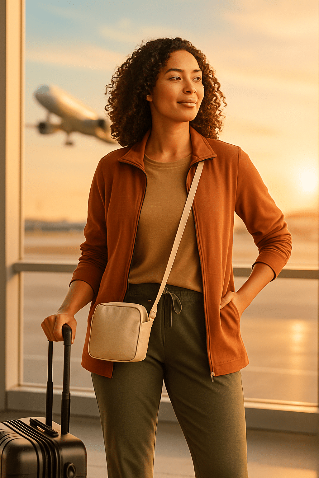 best travel clothes for women confident woman traveler at airport with stylish versatile outfit