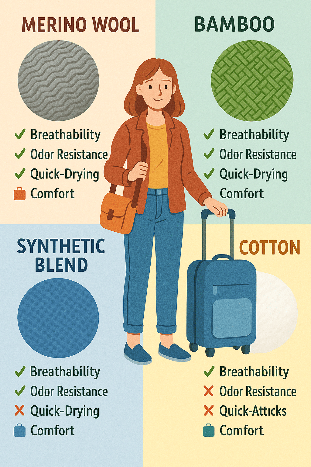best travel clothes for women fabric comparison infographic showing breathability and quick drying