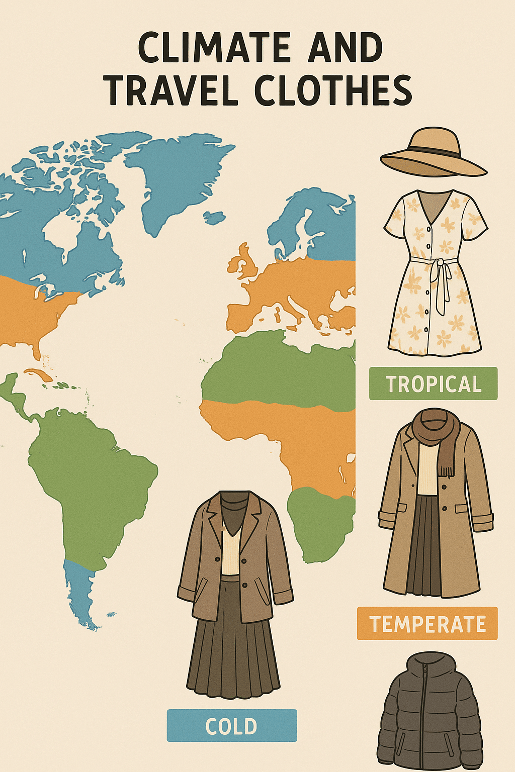 best travel clothes for women map infographic with recommended clothes for various climates