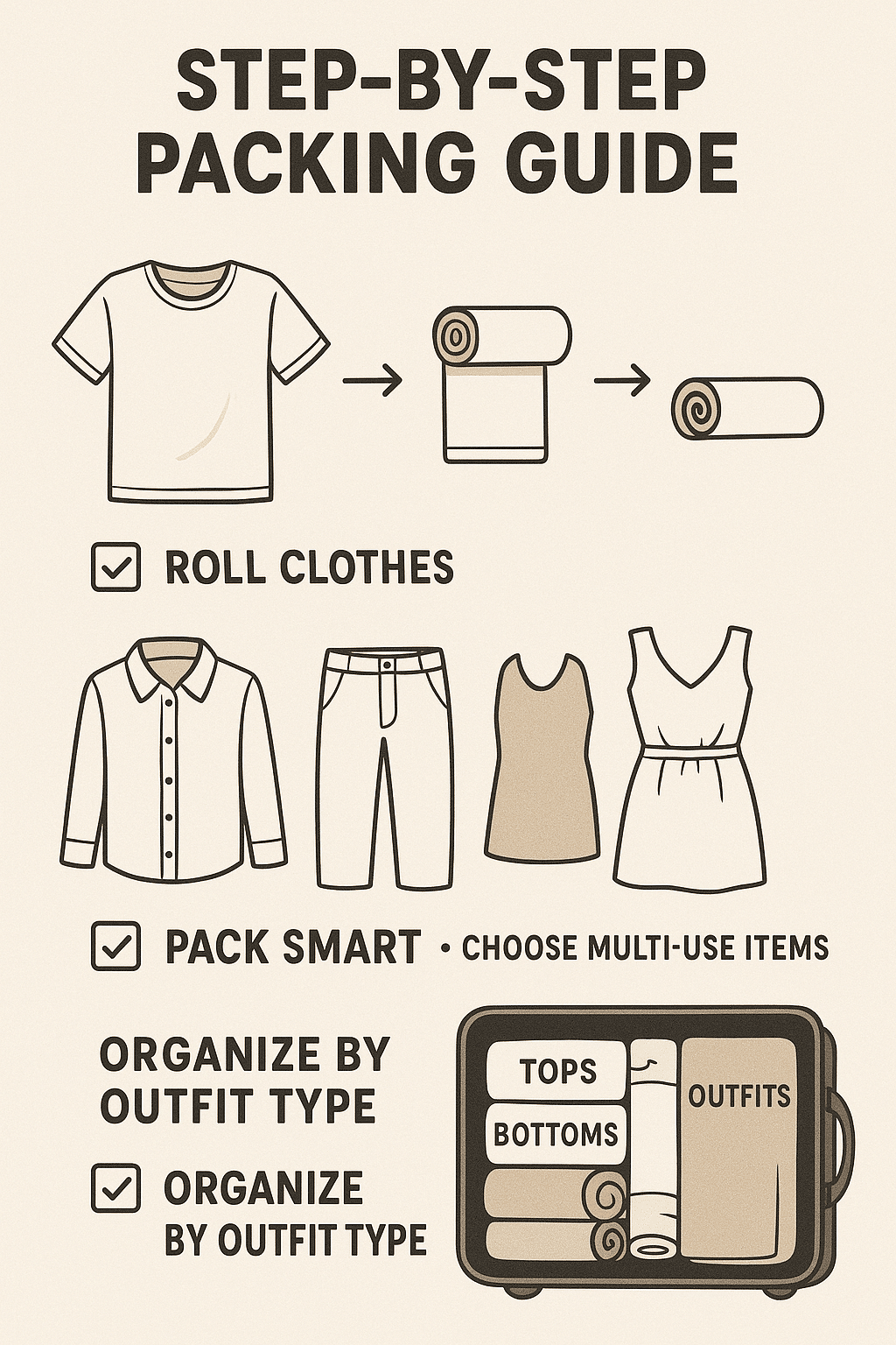 best travel clothes for women packing guide diagram showing efficient organization tips