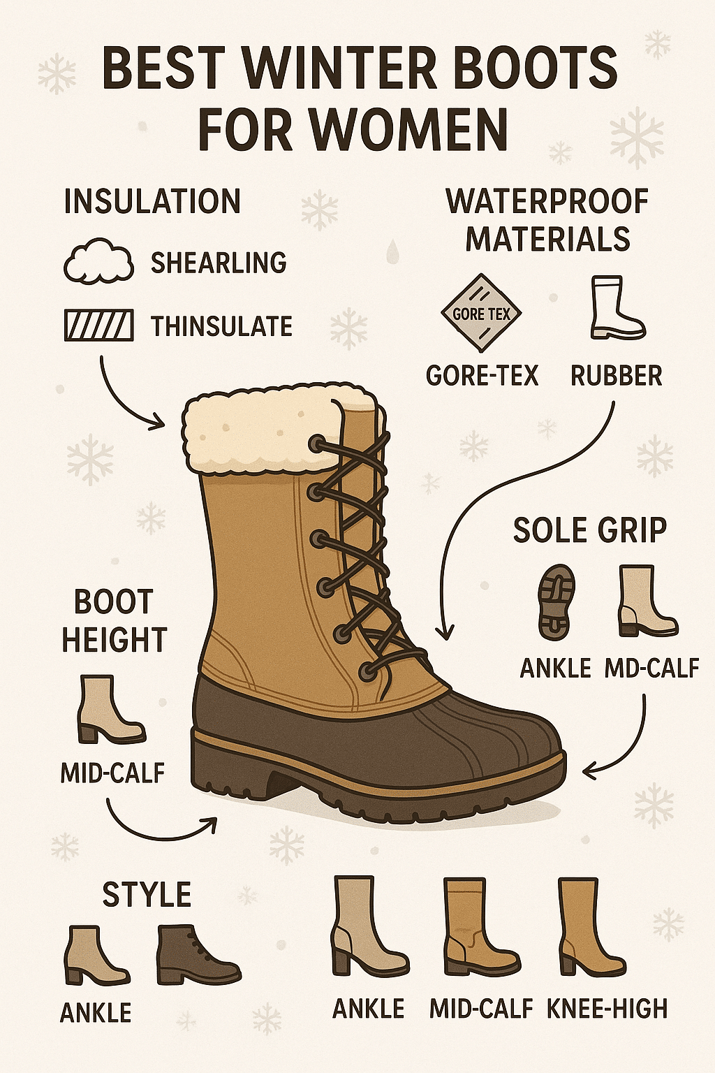 best winter boots for women infographic with insulation waterproof soles and style options
