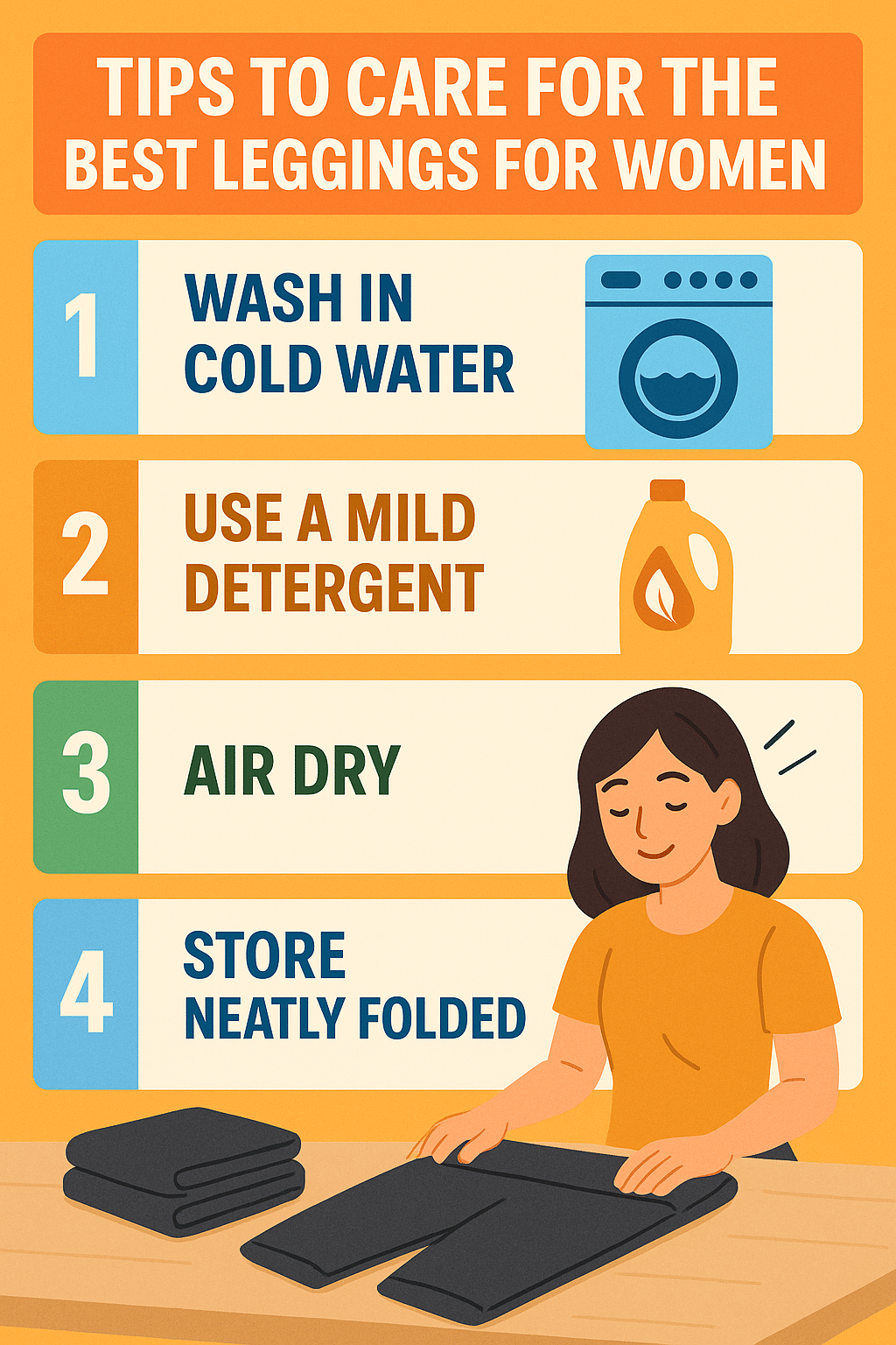care and maintenance tips infographic for best leggings for women with washing instructions