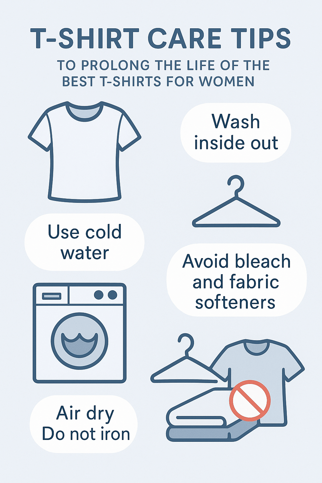 care instructions infographic for best t shirts for women showing washing drying and handling tips