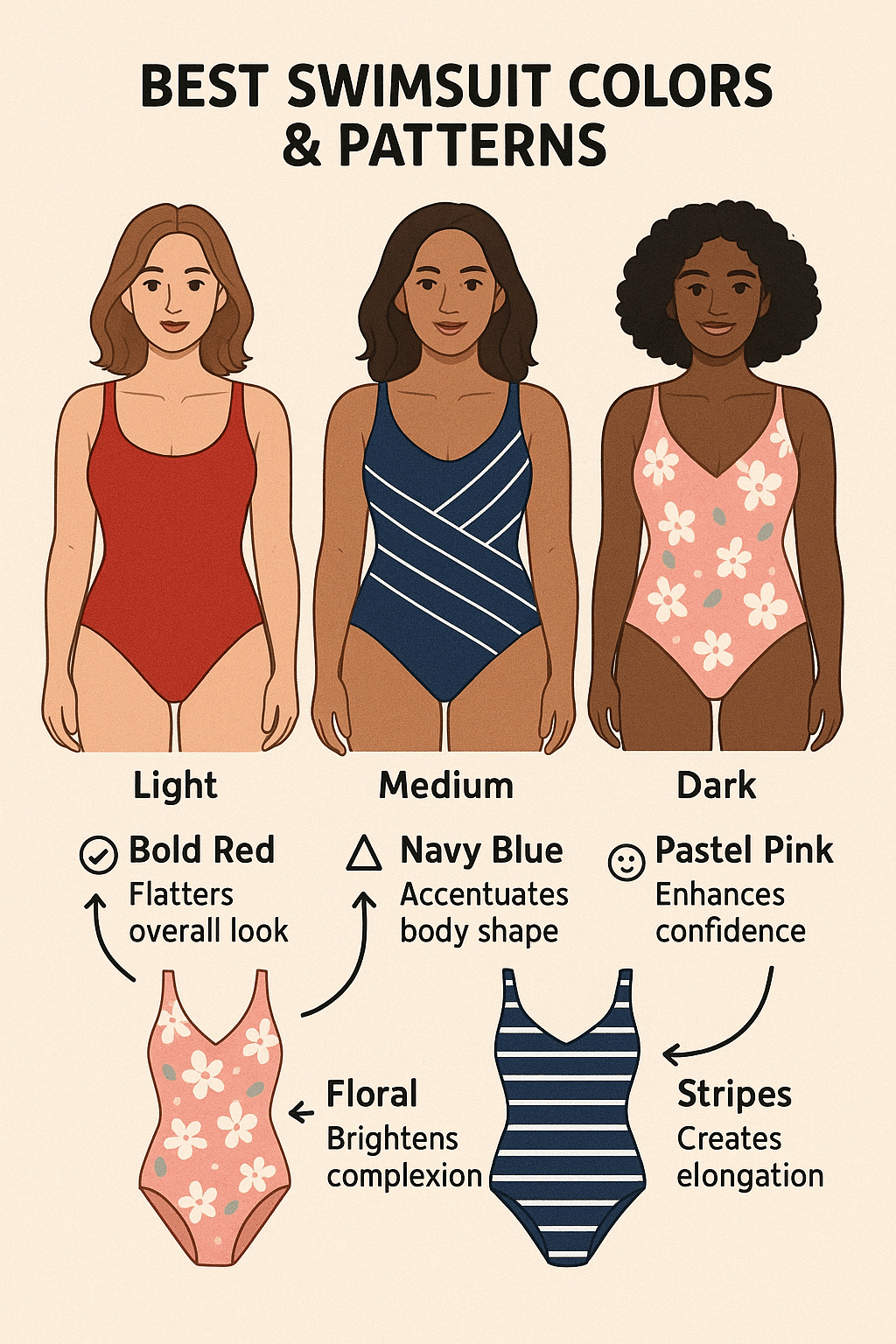 chart displaying best swimsuits for women color and pattern tips for different skin tones and body s