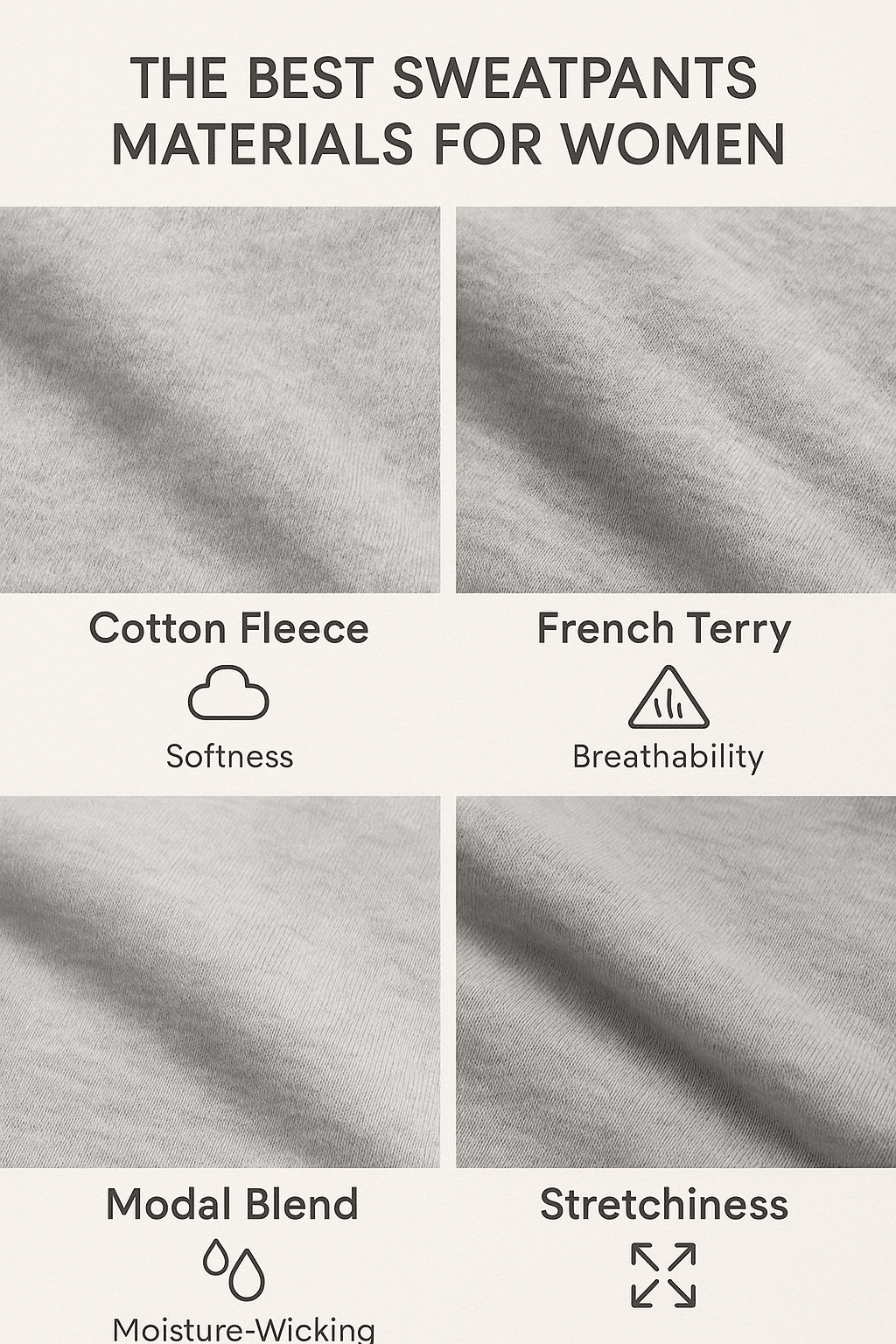 closeup collage of fabric textures for best sweatpants for women highlighting comfort and stretch