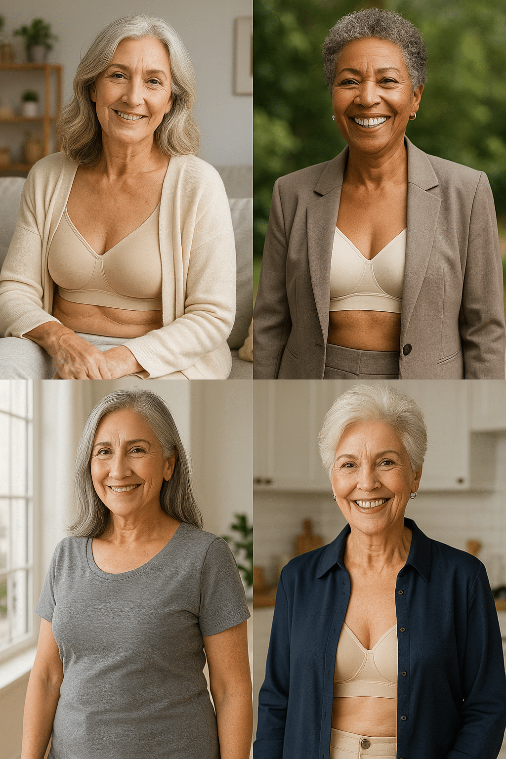 collage showing older women wearing best bras for older women feeling confident and comfortable