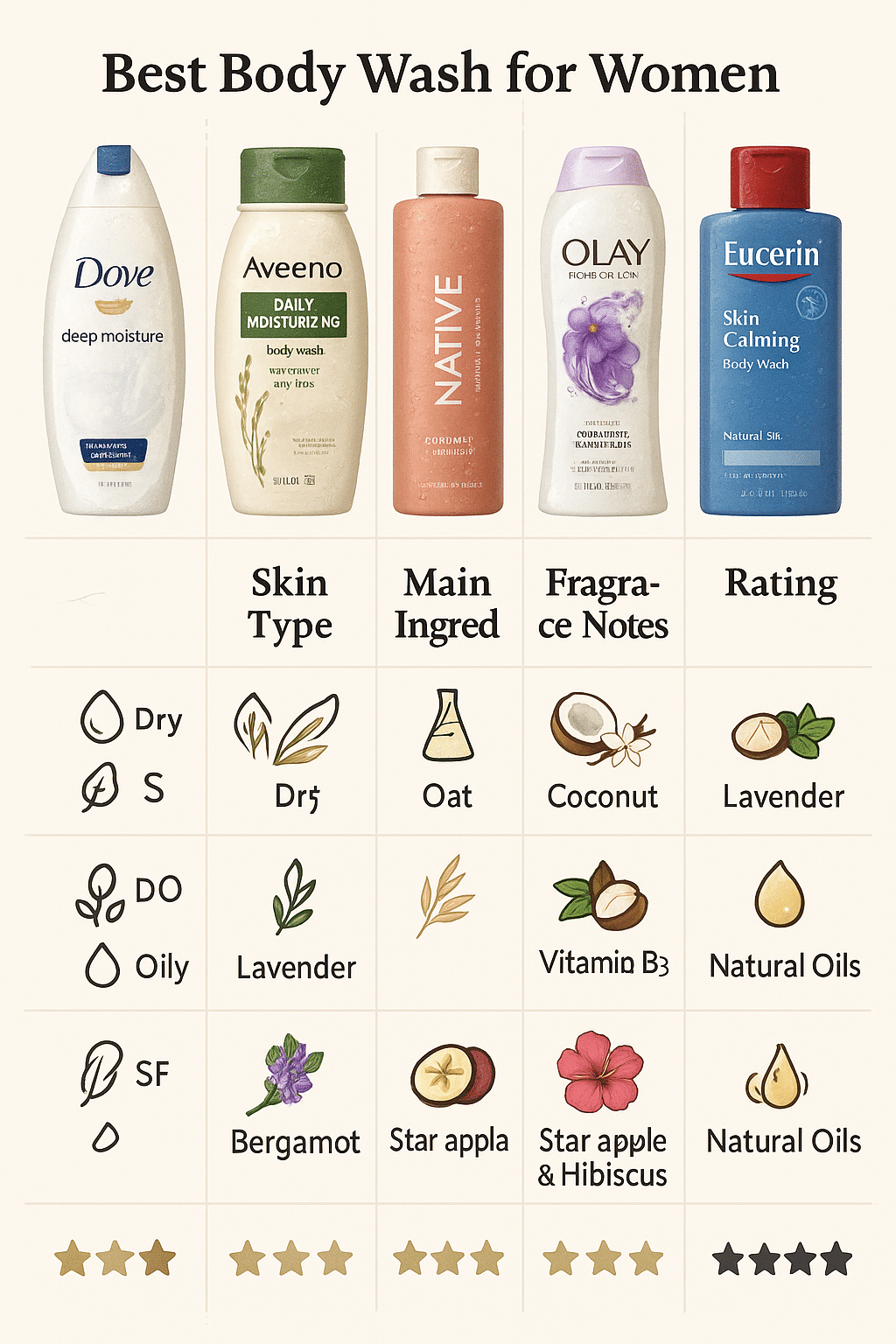 comparison chart of best body wash for women showing skin types ingredients and ratings