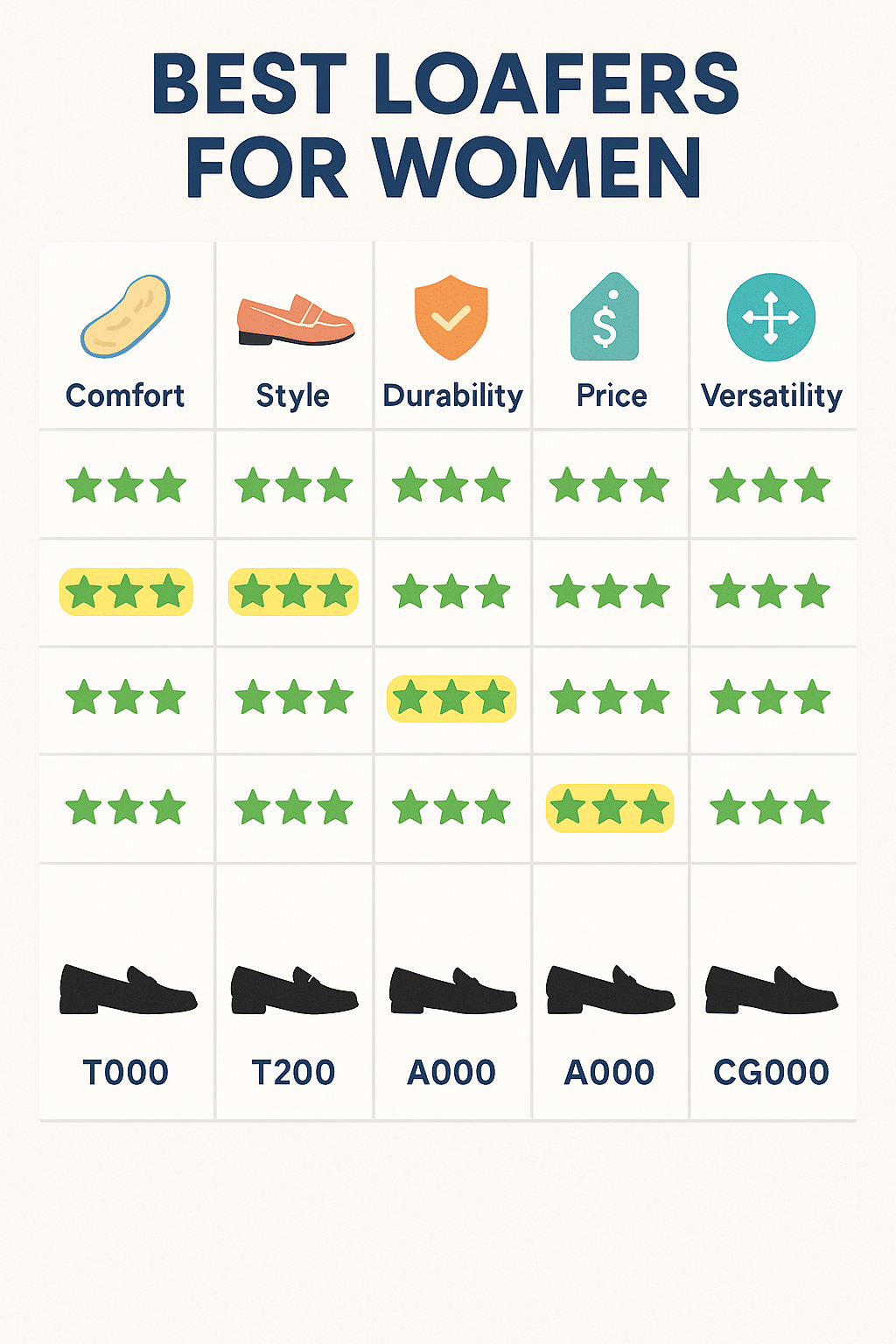 comparison chart of best loafers for women showing comfort style durability price and versatility