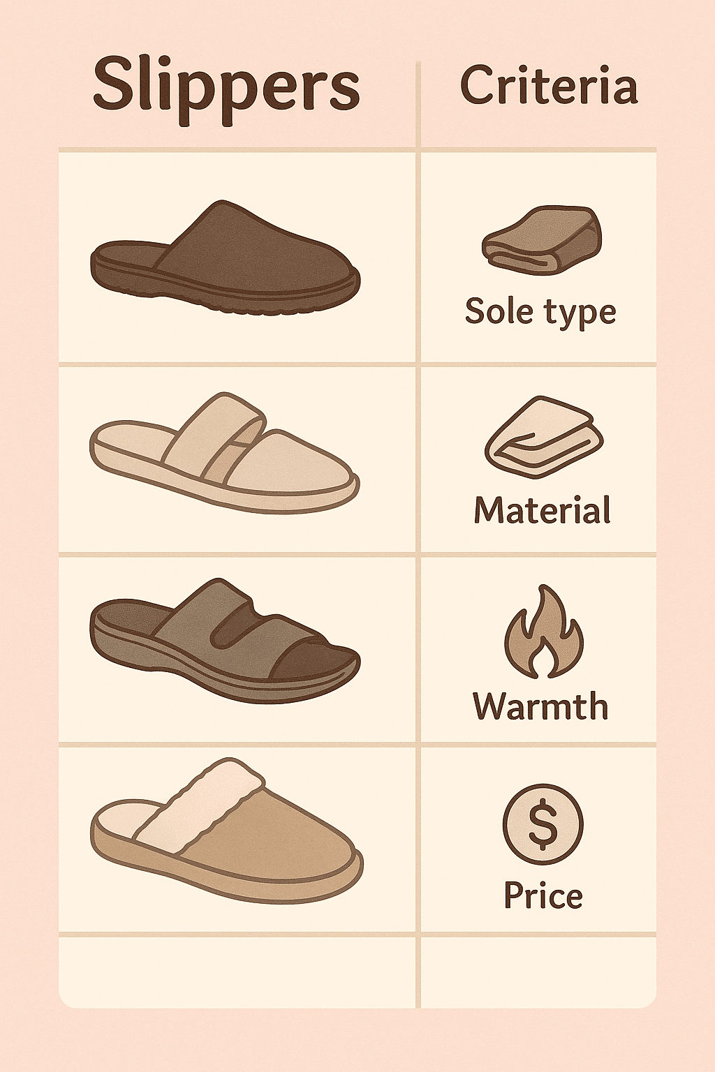 comparison chart of best slippers for women showing sole type material arch support warmth and price