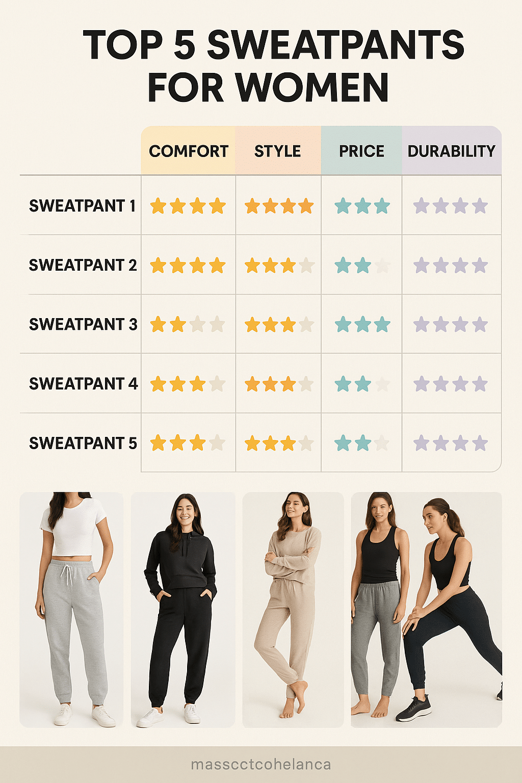 comparison chart of best sweatpants for women showing comfort style price and durability