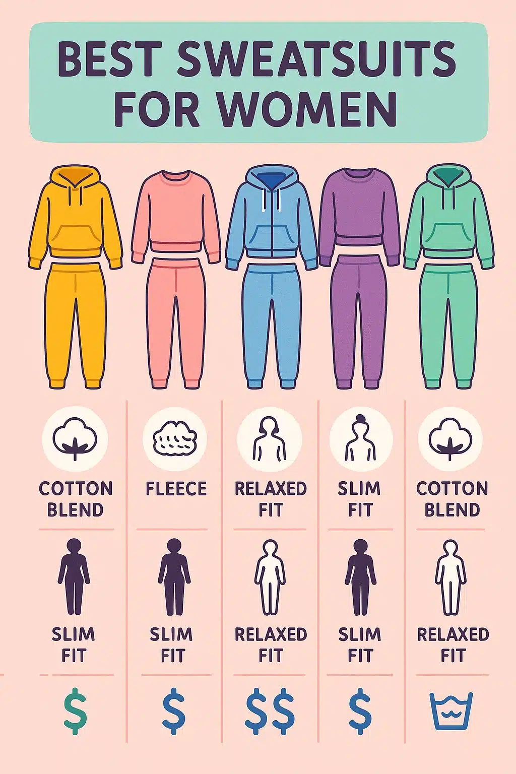 comparison chart of best sweatsuits for women showing styles features and prices
