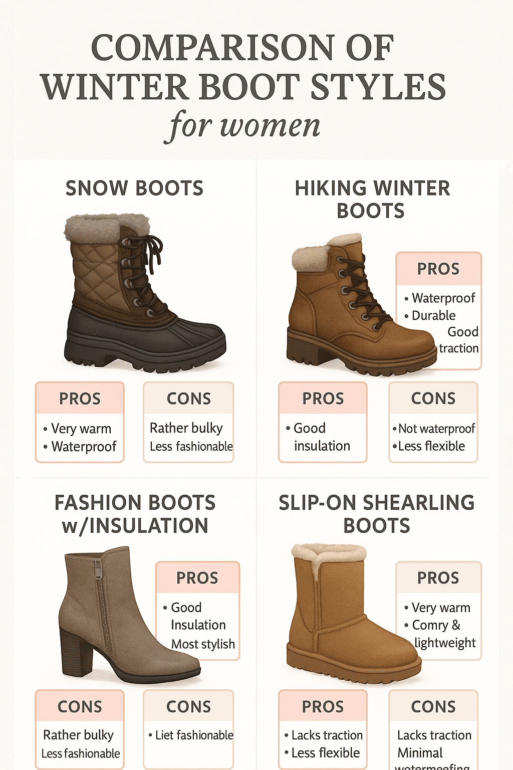 comparison diagram of best winter boots for women showing styles features pros and cons