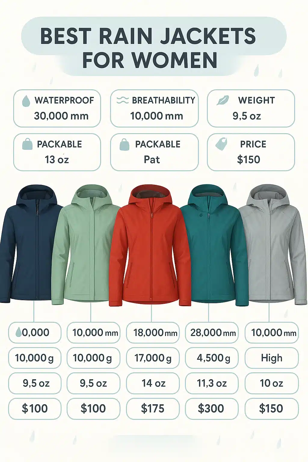 comparison of best rain jackets for women showing features waterproof breathability weight packabili